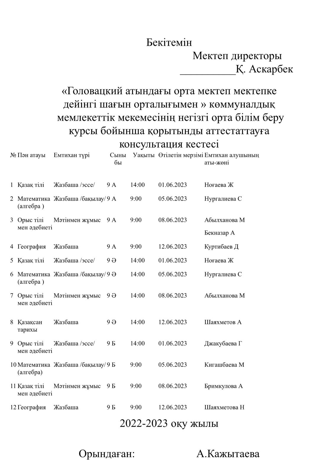 Емтихан алу кестесі